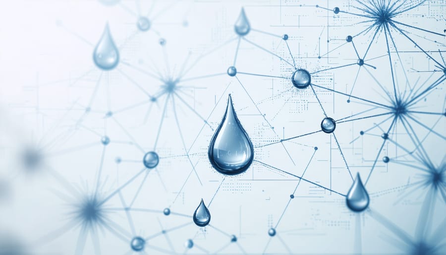 Digital illustration showing interconnected blockchain nodes with CBD oil elements