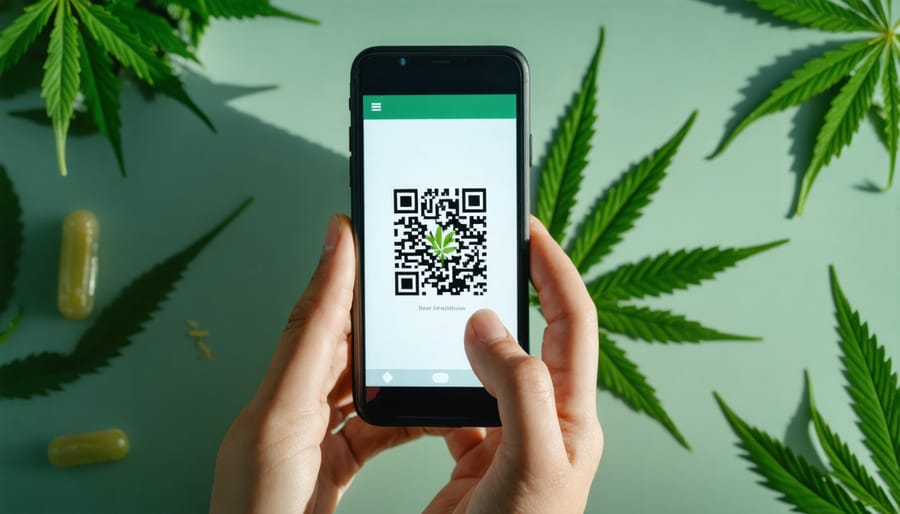 Person scanning CBD product QR code with blockchain verification app