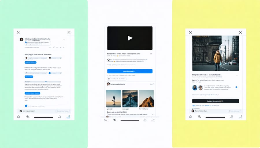 Collection of social media interfaces displaying tech startup content across LinkedIn, Twitter, and Instagram