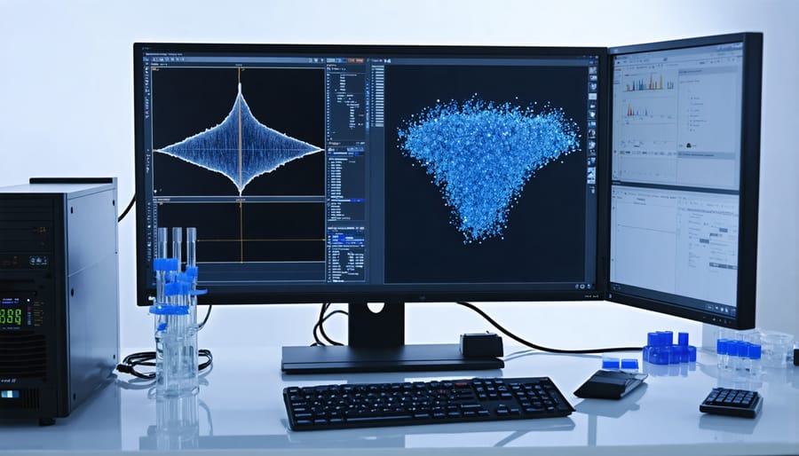 Close-up of gas chromatography equipment with sample vials in laboratory