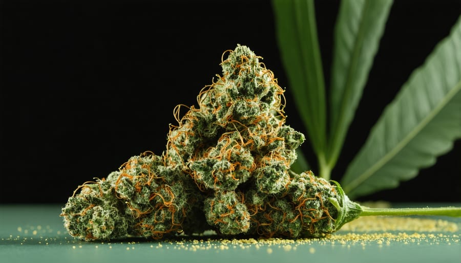 Overhead view of lab technician preparing cannabis samples in glass vials