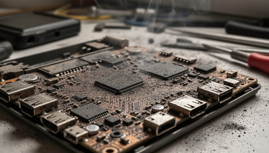 Close-up of computer motherboard showing smoke damage and soot contamination on circuits