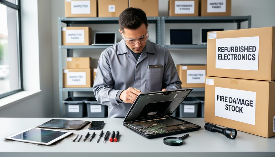 Hands in gloves inspecting computer graphics card under bright lighting on workbench