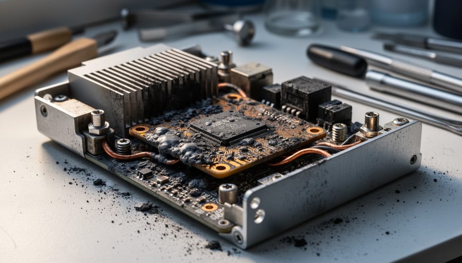 Clean metal PC case and cooling components on workbench showing structural durability