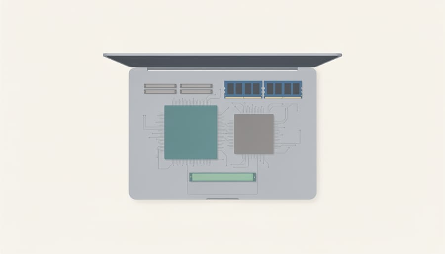 Laptop hardware components symbolically arranged to represent GPU, RAM, and CPU