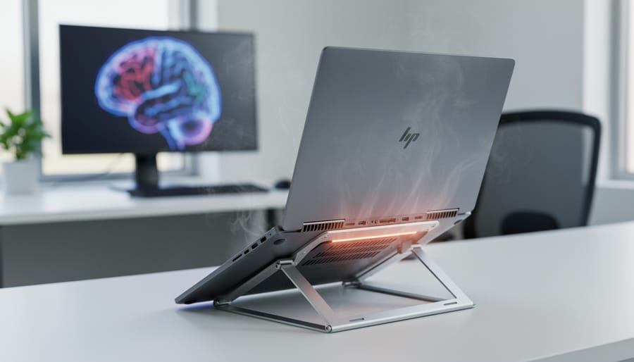 Laptop on a cooling pad with visible vents and airflow near the fan intake