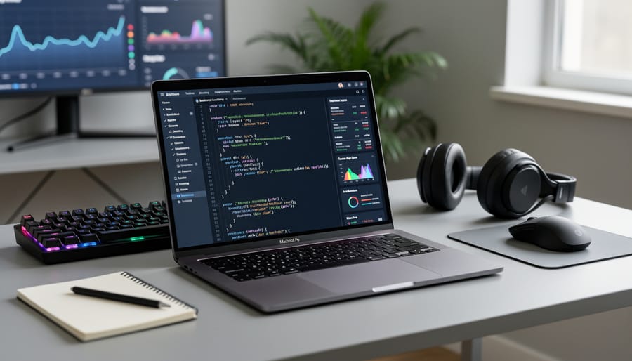 Person typing on a modern laptop beside multiple external monitors in a clean tech workspace