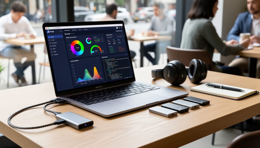 Person working on a machine learning laptop at a cafe with an external SSD nearby