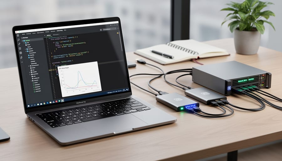 Hands connecting an external SSD to a laptop on a desk next to a notebook