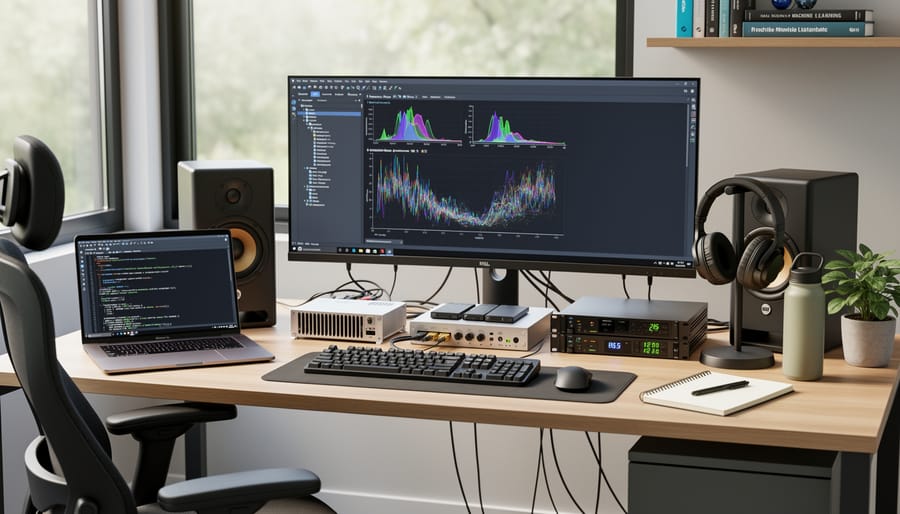Overhead view of a laptop with external monitor and accessories on a clean desk
