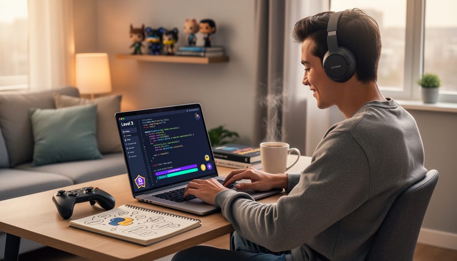 Person learning Python on a laptop with hands on the keyboard in a cozy room