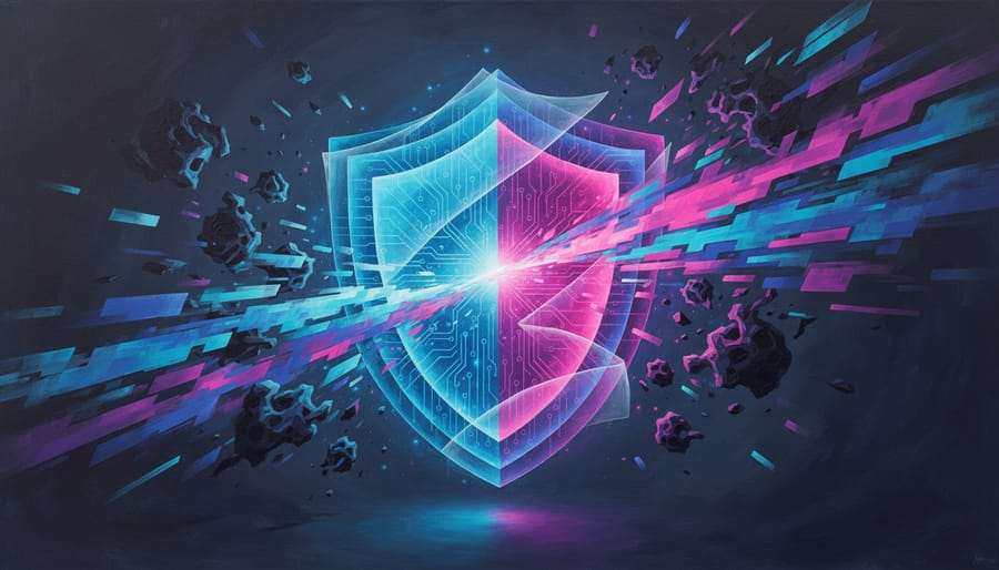 Glowing abstract protective shield over a blurred network of light points