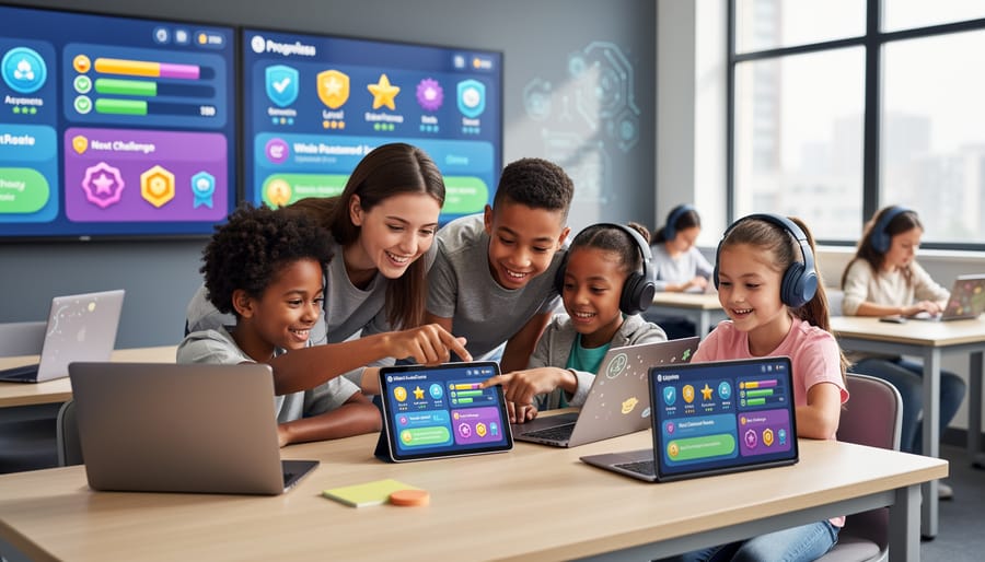 Students using laptops in a modern computer lab for interactive, gamified learning