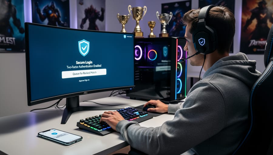 Esports player at a gaming desk preparing to play with a headset on