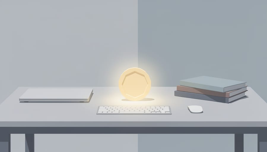 Glowing token on a desk symbolizing quest progress and rewards next to a laptop keyboard