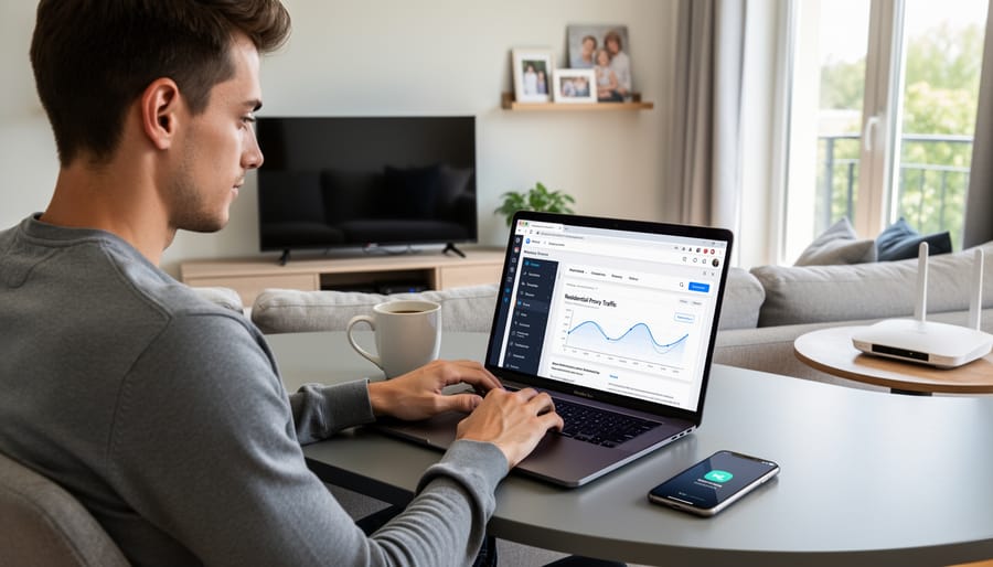 Person using a laptop at a home office with subtle network activity implied in the background