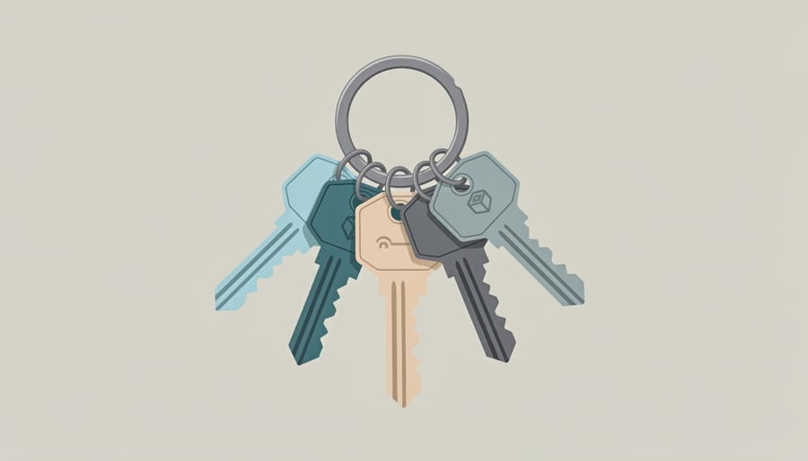 Keys on a keyring placed on a desk next to blank stationery, symbolizing consistent access choices