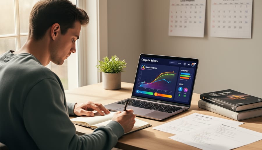 Learner reviewing progress on a tablet in a home study workspace with code-like visuals that contain no readable text