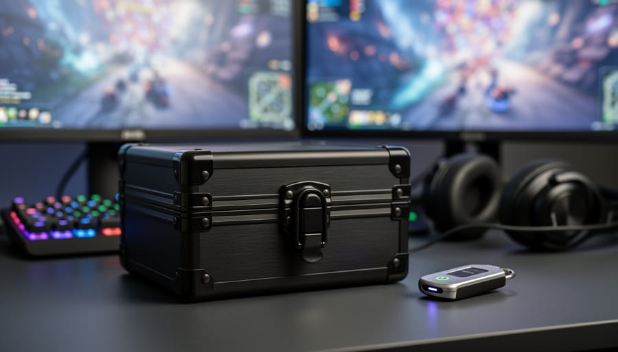Hardware security token and locked controller case on a desk under studio lighting