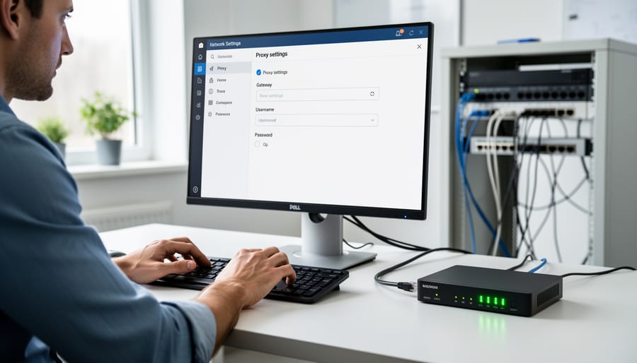 A hand connecting network cables to a gateway box next to a laptop to represent proxy setup.