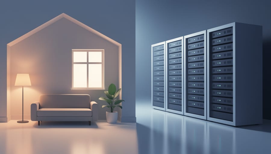 Split-scene showing a residential neighborhood and a server room, representing residential versus datacenter proxy contexts
