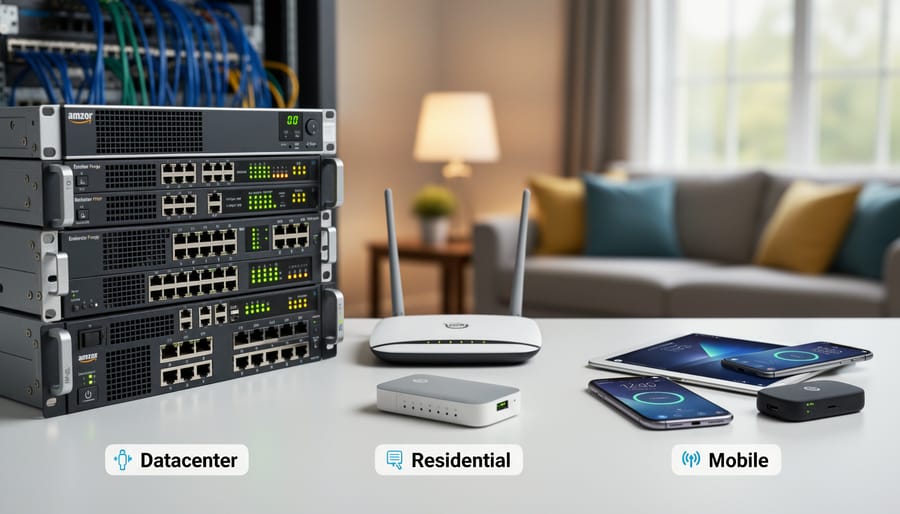 Smartphone, home router, and server unit on a desk representing different proxy types.