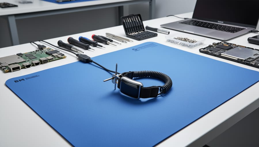 Anti-static wrist strap and gloves placed on an anti-static mat on a clean work surface