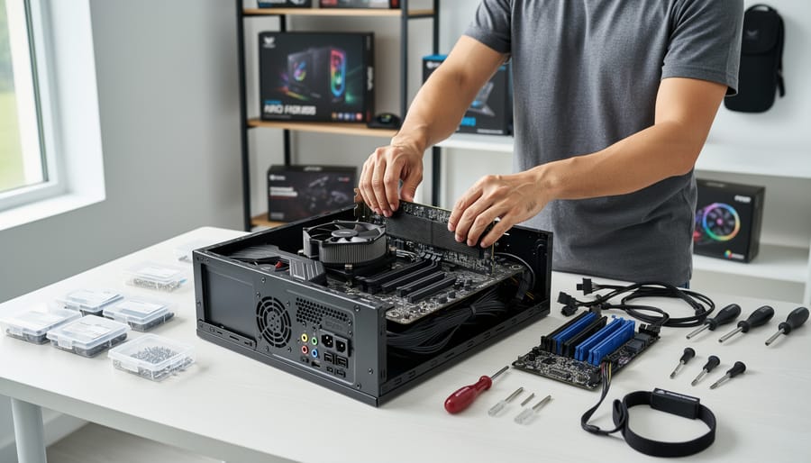 Person working on an open PC case on a workbench with components and tools nearby