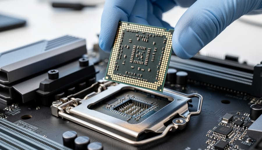 Close-up of a CPU and motherboard socket contacts in sharp detail