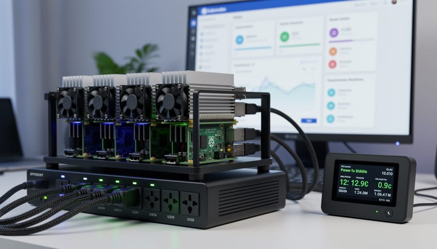 Raspberry Pi server hardware inside a small enclosure with visible cooling and internal glow