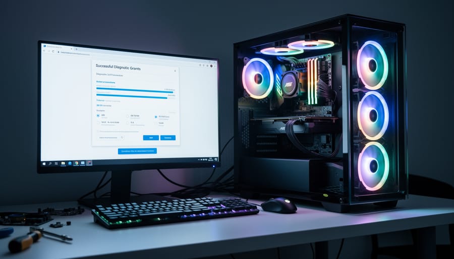 Newly assembled computer case with spinning fans illuminated by monitor glow
