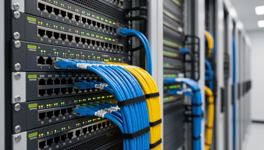 Ethernet switch connected with neatly arranged cables to Raspberry Pi devices on a workbench