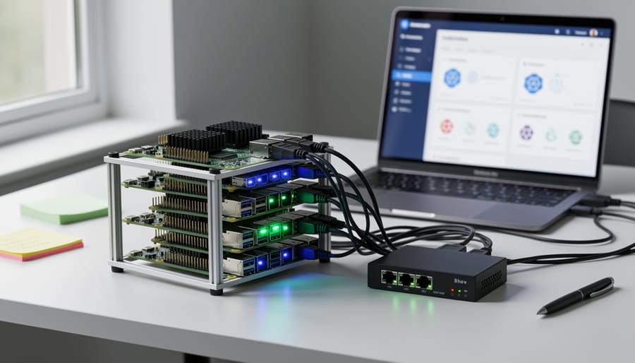 Three Raspberry Pi boards mounted in a small network lab rack with visible cabling and a dim LED glow