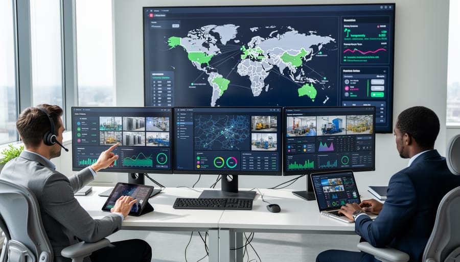 Engineer in a control room monitoring connected devices using a tablet and server equipment in the background